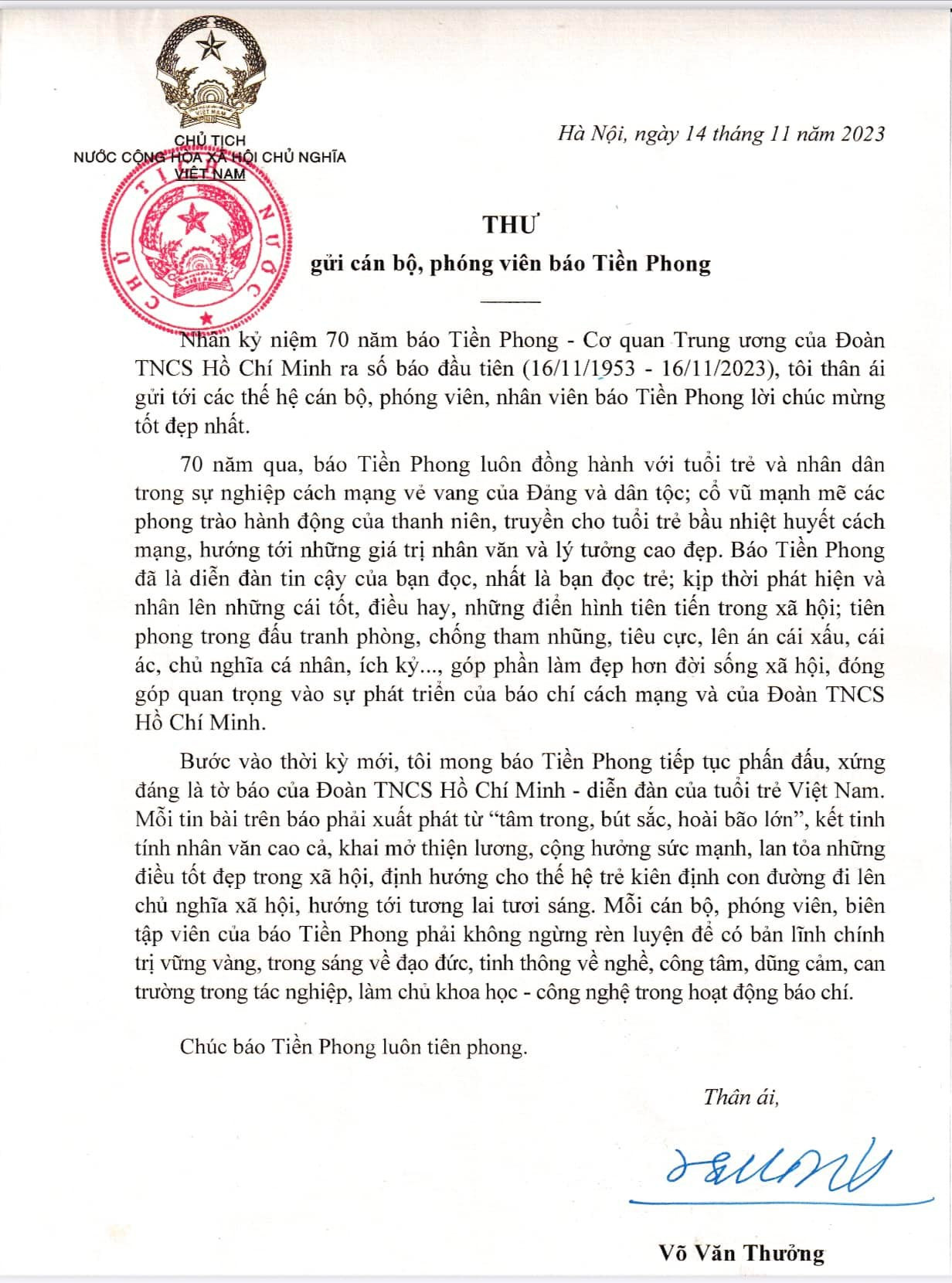 Toàn văn thư của Chủ tịch nước Võ Văn Thưởng gửi tới các thế hệ cán bộ, phóng viên, nhân viên Báo Tiền Phong. Toàn văn thư của Chủ tịch nước Võ Văn Thưởng gửi tới các thế hệ cán bộ, phóng viên, nhân viên Báo Tiền Phong.