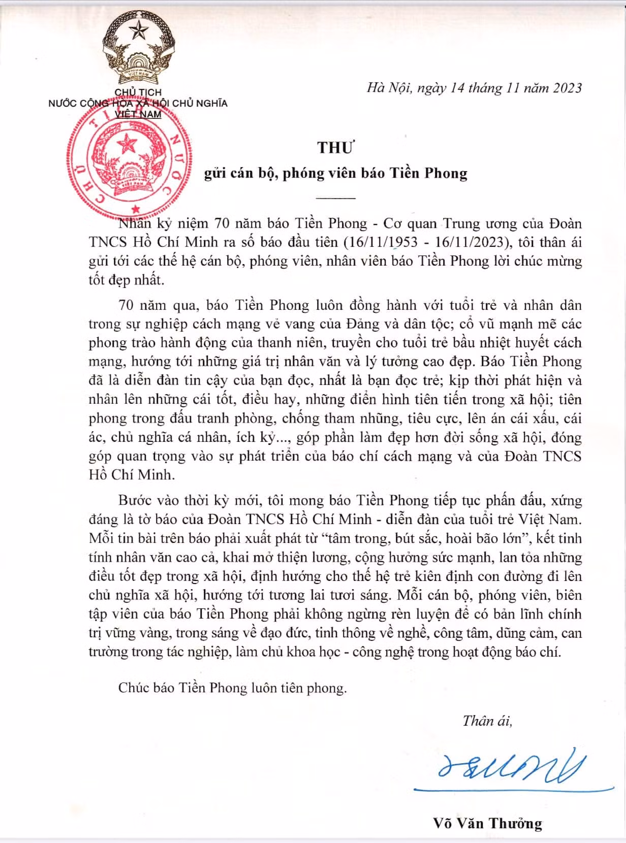 Toàn văn thư của Chủ tịch nước Võ Văn Thưởng gửi tới các thế hệ cán bộ, phóng viên, nhân viên Báo Tiền Phong.