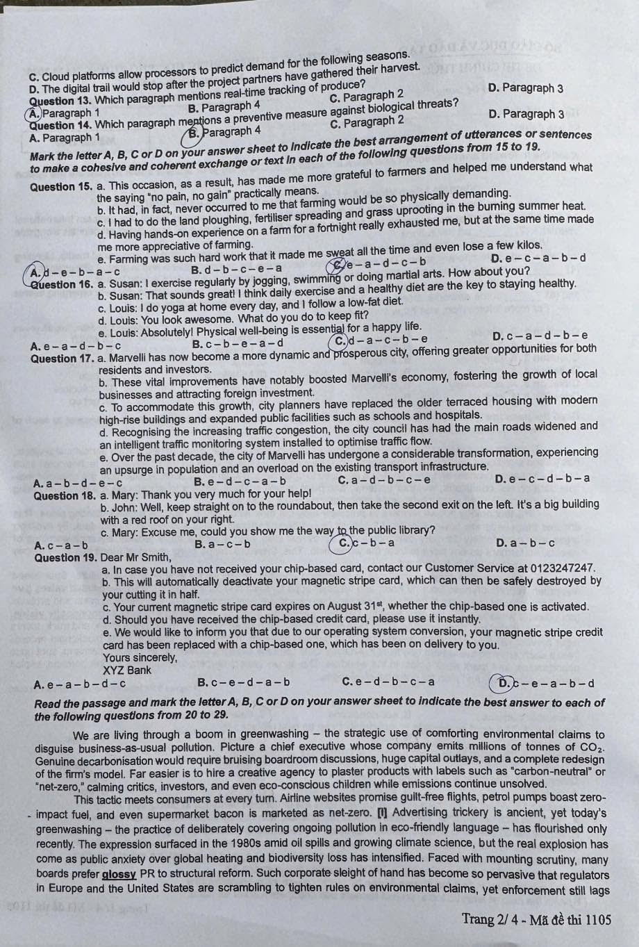 Đề thi môn tiếng Anh - mã đề 1105.