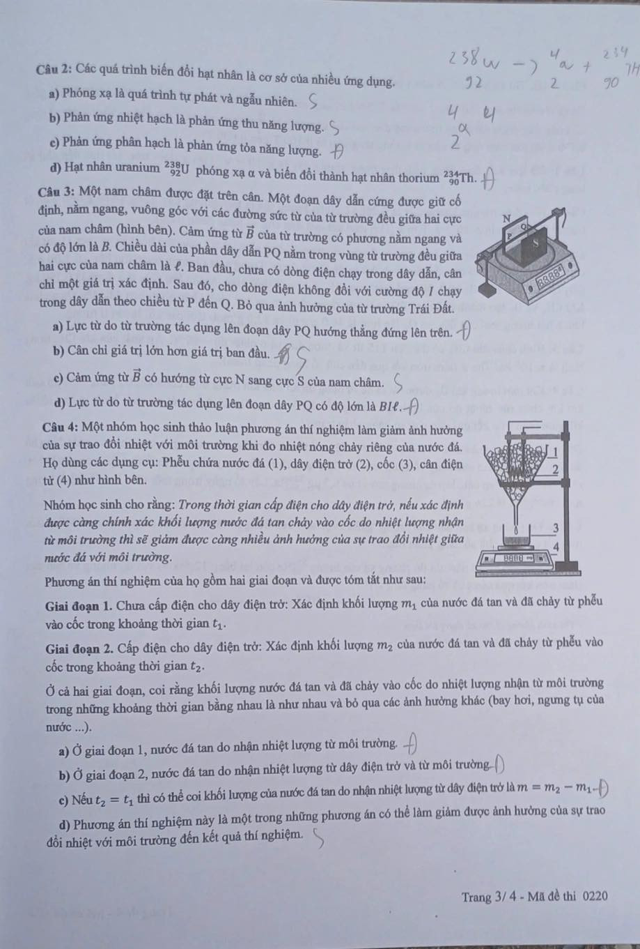 Đề thi môn Vật lí - mã đề 0220.