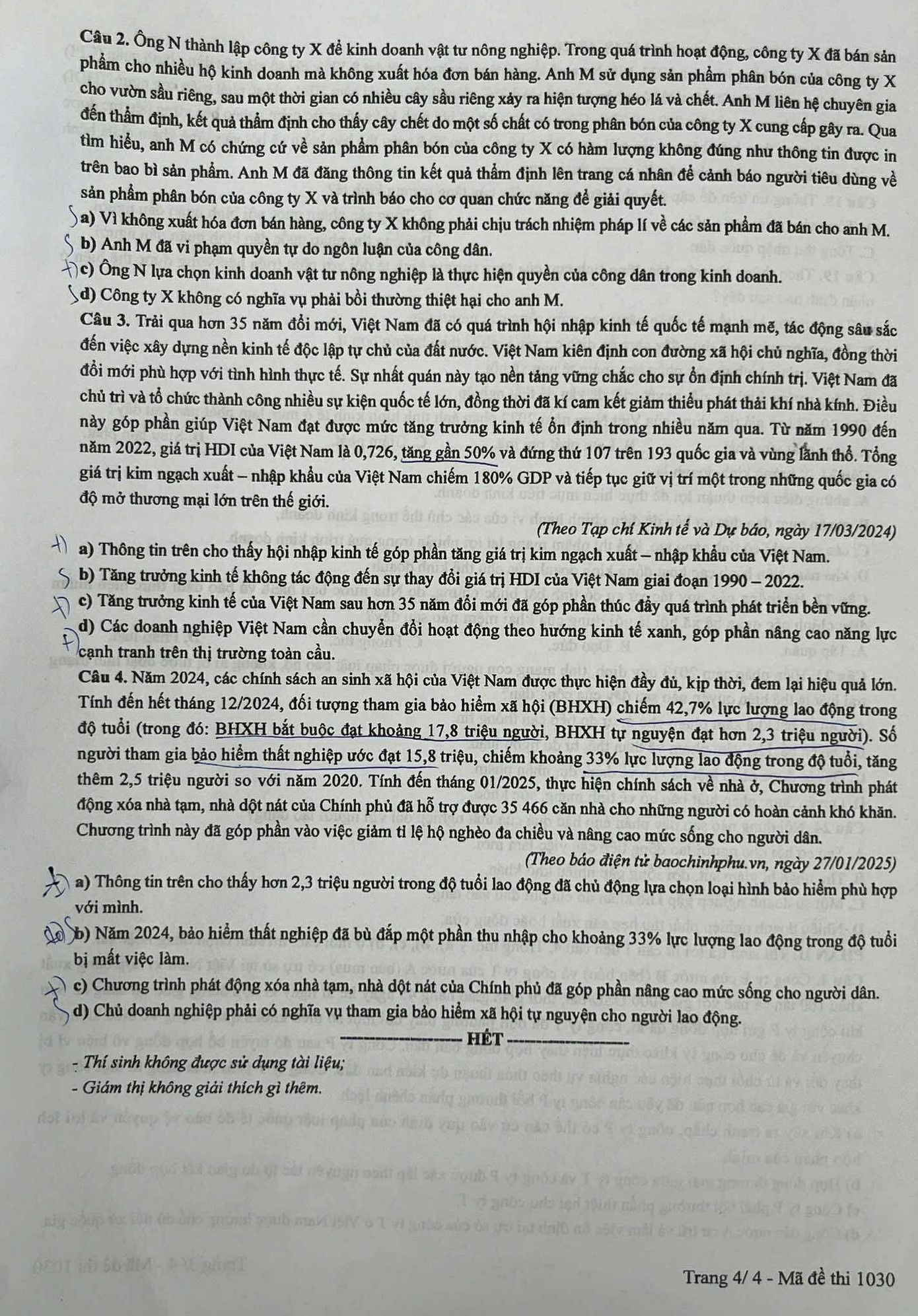 Đề thi môn Giáo dục Kinh tế - Pháp luật, mã đề 1030.