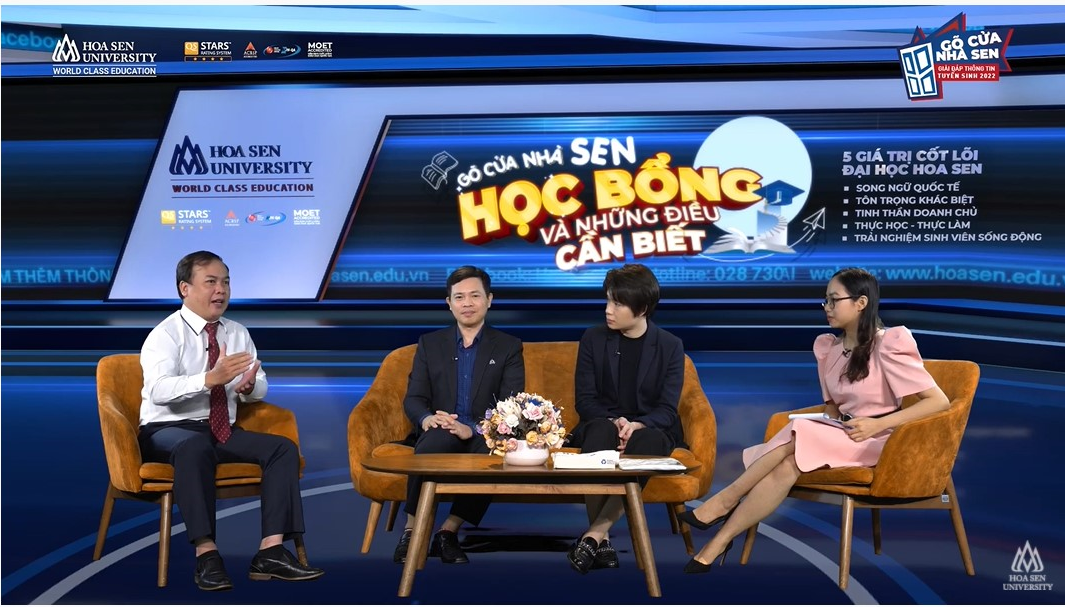 Đại diện nhà trường chia sẻ thông tin Học bổng 2022 tại chương trình “Gõ cửa nhà Sen” - chuỗi chương trình livestream tư vấn hướng nghiệp - tuyển sinh của trường ĐH Hoa Sen. Đại diện nhà trường chia sẻ thông tin Học bổng 2022 tại chương trình “Gõ cửa nhà Sen” - chuỗi chương trình livestream tư vấn hướng nghiệp - tuyển sinh của trường ĐH Hoa Sen.