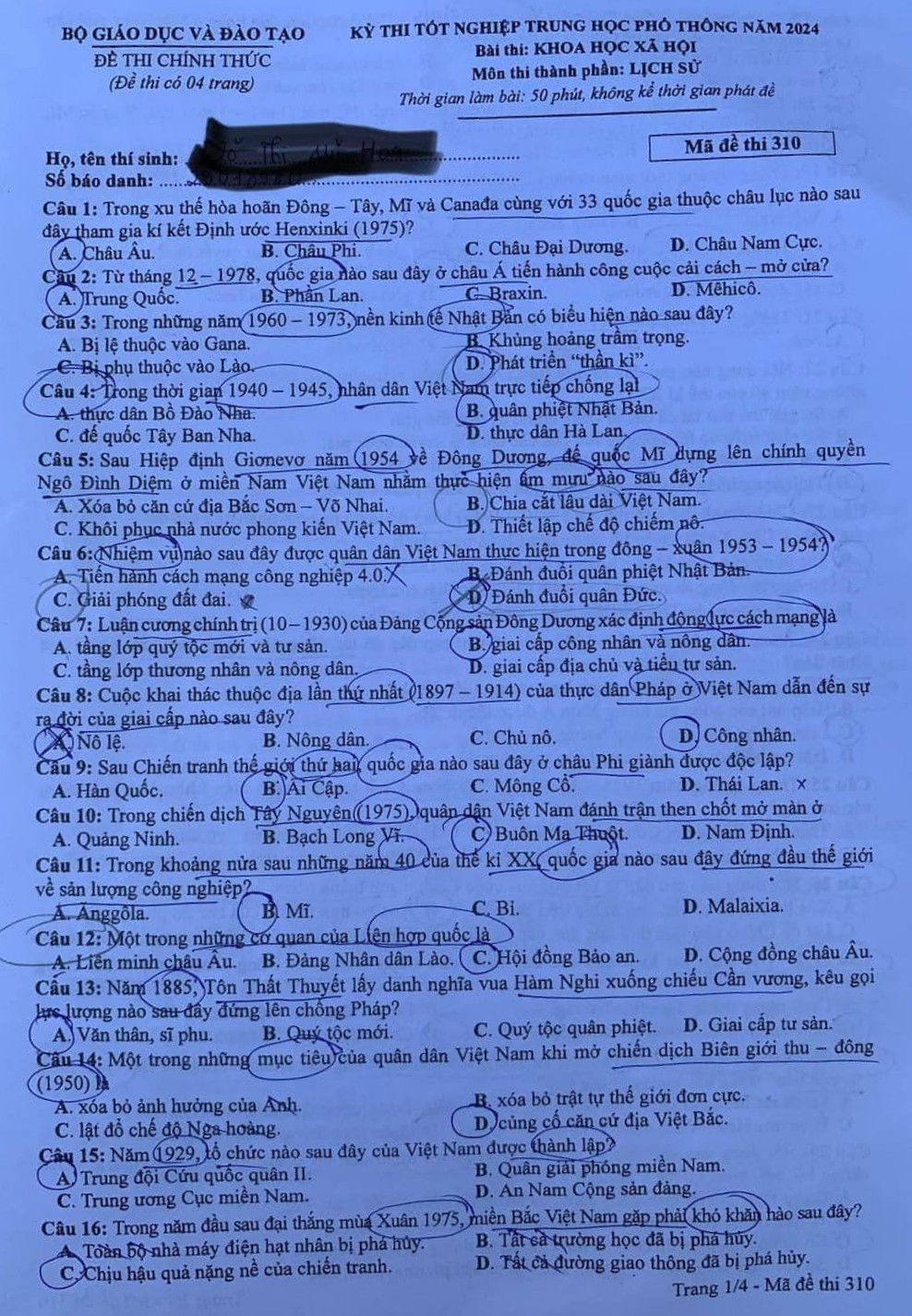 Đề thi tốt nghiệp THPT Quốc gia năm 2024 môn Lịch sử mã đề 310. Đề thi tốt nghiệp THPT Quốc gia năm 2024 môn Lịch sử mã đề 310.