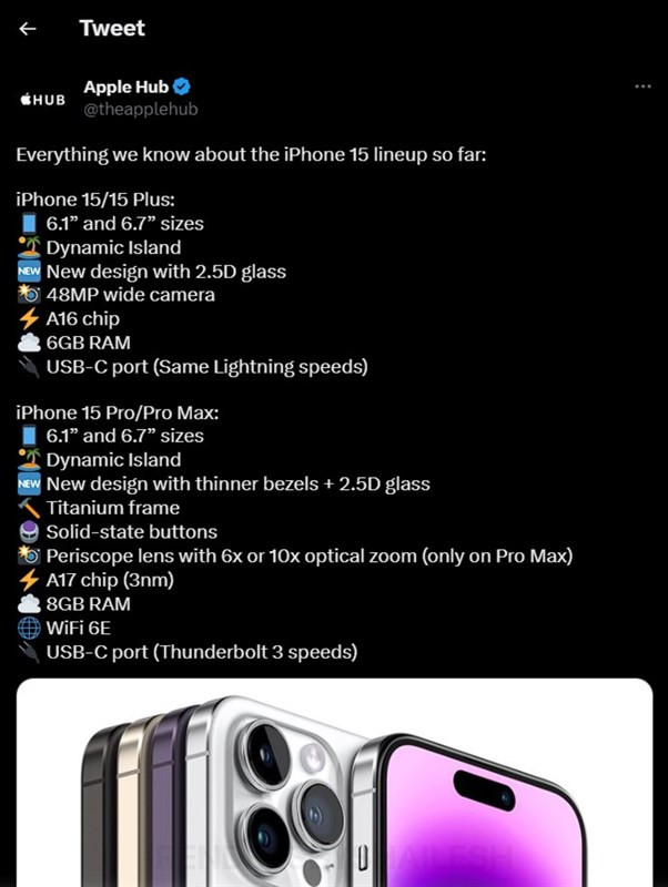Bài đăng tiết lộ về iPhone 15 của Apple Hub.