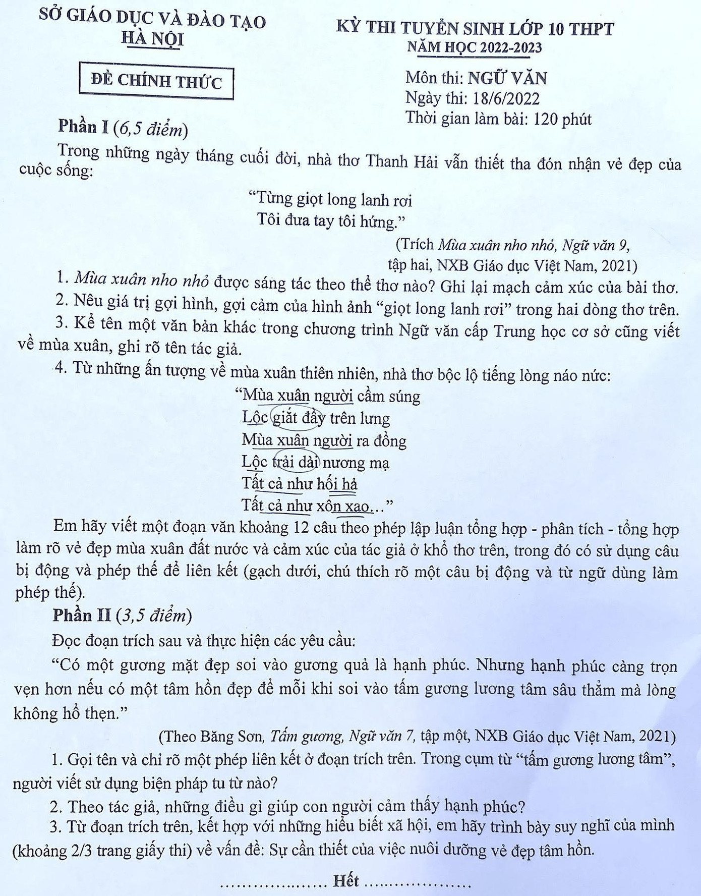 Đề thi môn Văn kỳ thi vào lớp 10 THPT năm 2022 tại Hà Nội.