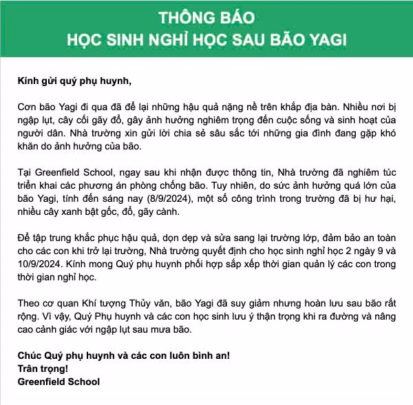 Một trường tư thục tại Văn Giang, Hưng Yên thông báo cho học sinh nghỉ học 2 ngày 9-10/9 để khắc phục hậu quả sau bão số 3. (Ảnh: Phụ huynh cung cấp)