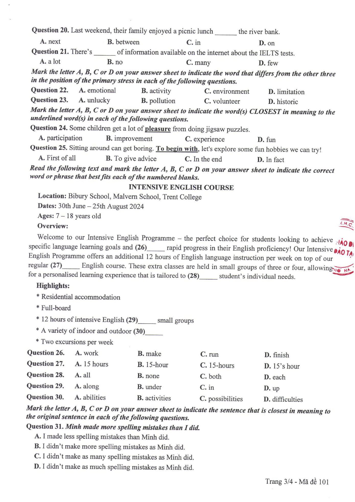 Đề thi môn tiếng Anh mã đề 101.