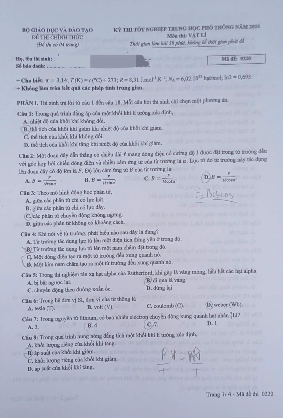 Đề thi môn Vật lí - mã đề 0220.