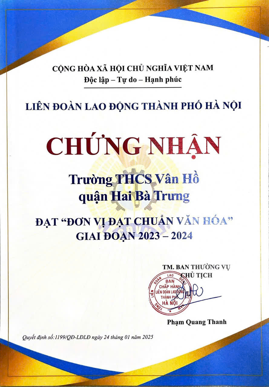 Trường THCS Vân Hồ được công nhận là "Đơn vị đạt chuẩn văn hóa" giai đoạn 2023-2024. Trường THCS Vân Hồ được công nhận là "Đơn vị đạt chuẩn văn hóa" giai đoạn 2023-2024.
