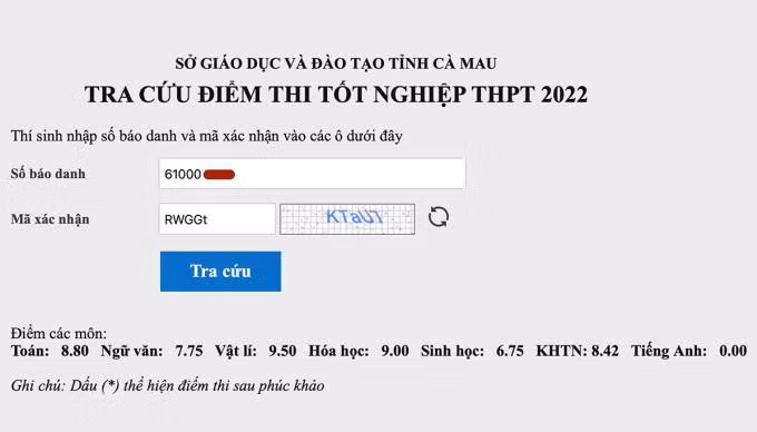 Kết quả các môn thi Tốt nghiệp THPT năm 2022 của nam sinh.