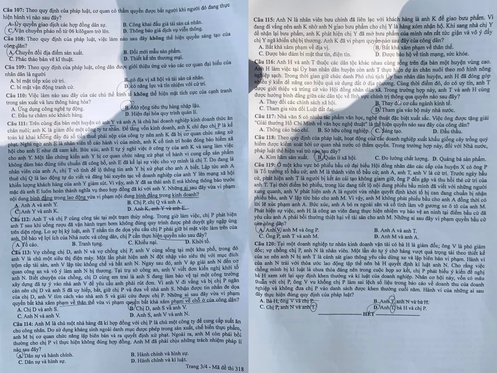 Đề thi môn Giáo dục công dân mã đề 318.