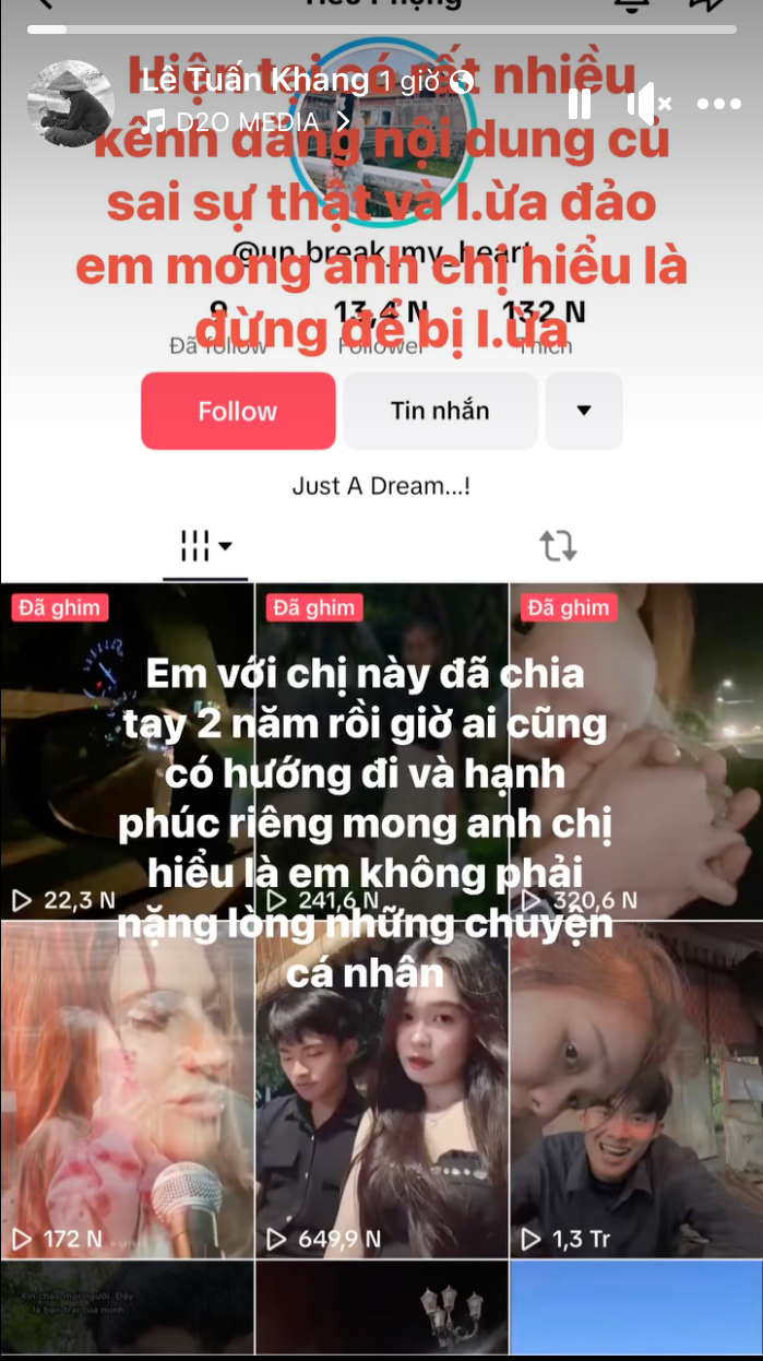 Story mới nhất của Lê Tuấn Khang cảnh báo về các tài khoản giả mạo, đăng tải thông tin sai sự thật về anh chàng.