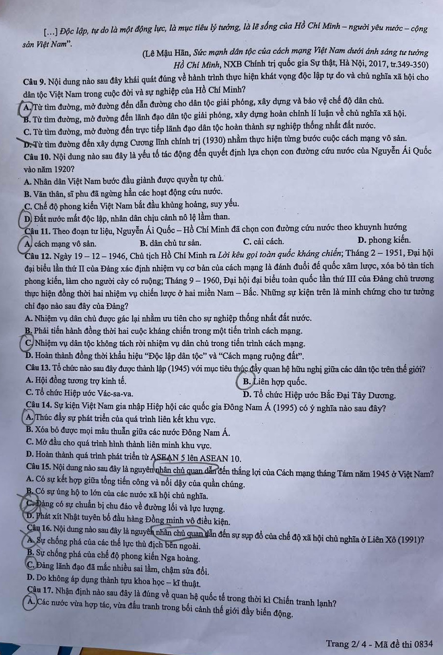 Đề thi môn Lịch sử - mã đề 834.