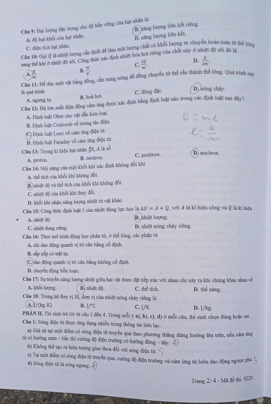 Đề thi môn Vật lí - mã đề 0220.