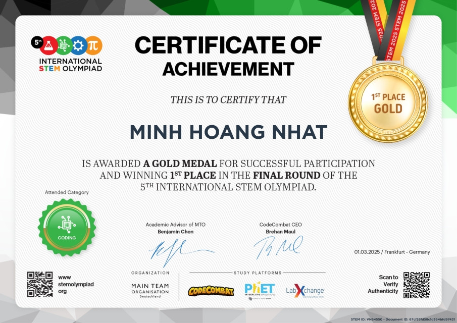 Tự hào vinh danh thí sinh Hoàng Nhật Minh đã đạt TOP 1 TOÀN CẦU Khối 12 tại Olympic STEM Quốc tế 2025. Tự hào vinh danh thí sinh Hoàng Nhật Minh đã đạt TOP 1 TOÀN CẦU Khối 12 tại Olympic STEM Quốc tế 2025.