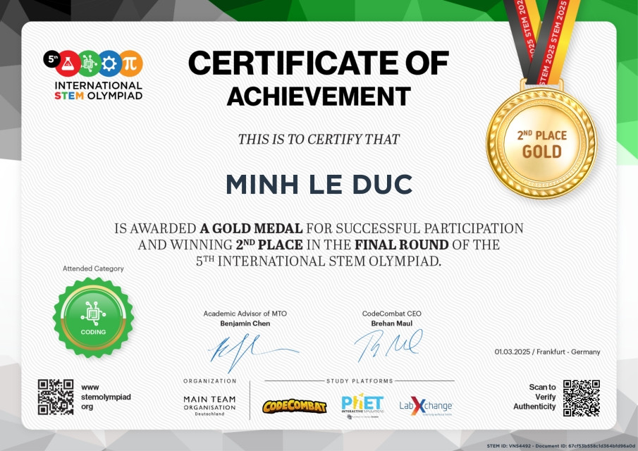 Tự hào vinh danh thí sinh Lê Đức Minh đã đạt TOP 2 TOÀN CẦU Khối 5 tại Olympic STEM Quốc tế 2025. Tự hào vinh danh thí sinh Lê Đức Minh đã đạt TOP 2 TOÀN CẦU Khối 5 tại Olympic STEM Quốc tế 2025.
