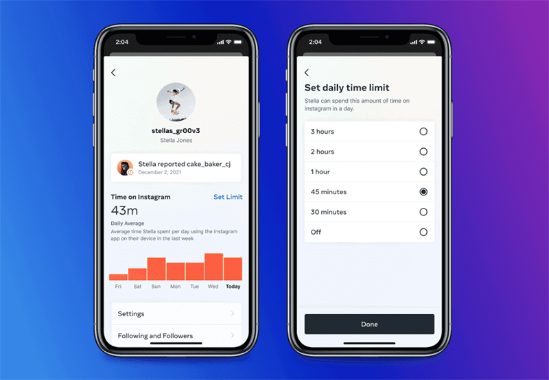 Giao diện tính năng kiểm soát của phụ huynh trên Instagram. Giao diện tính năng kiểm soát của phụ huynh trên Instagram.