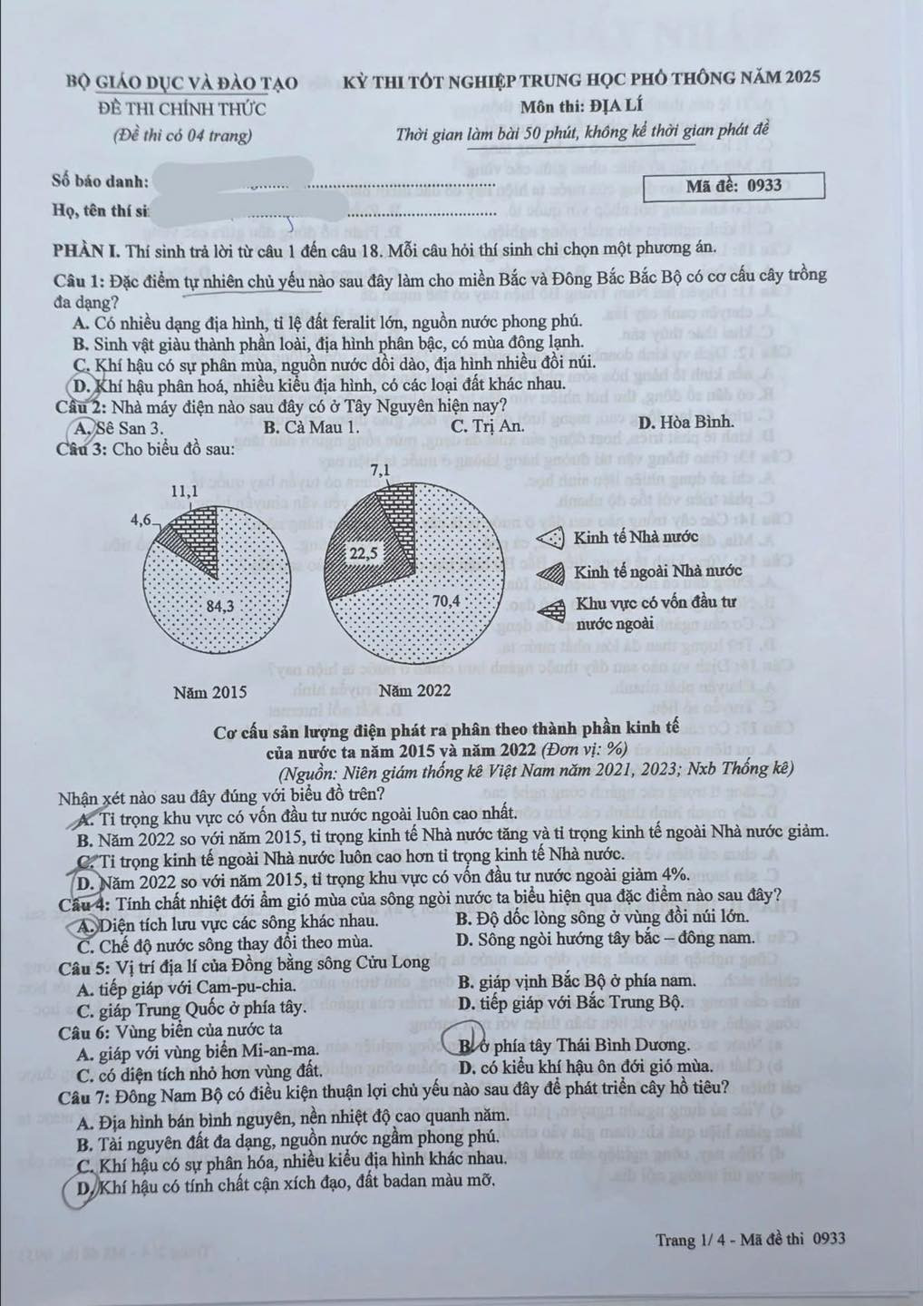 Đề thi môn Địa lí - mã đề 0933.