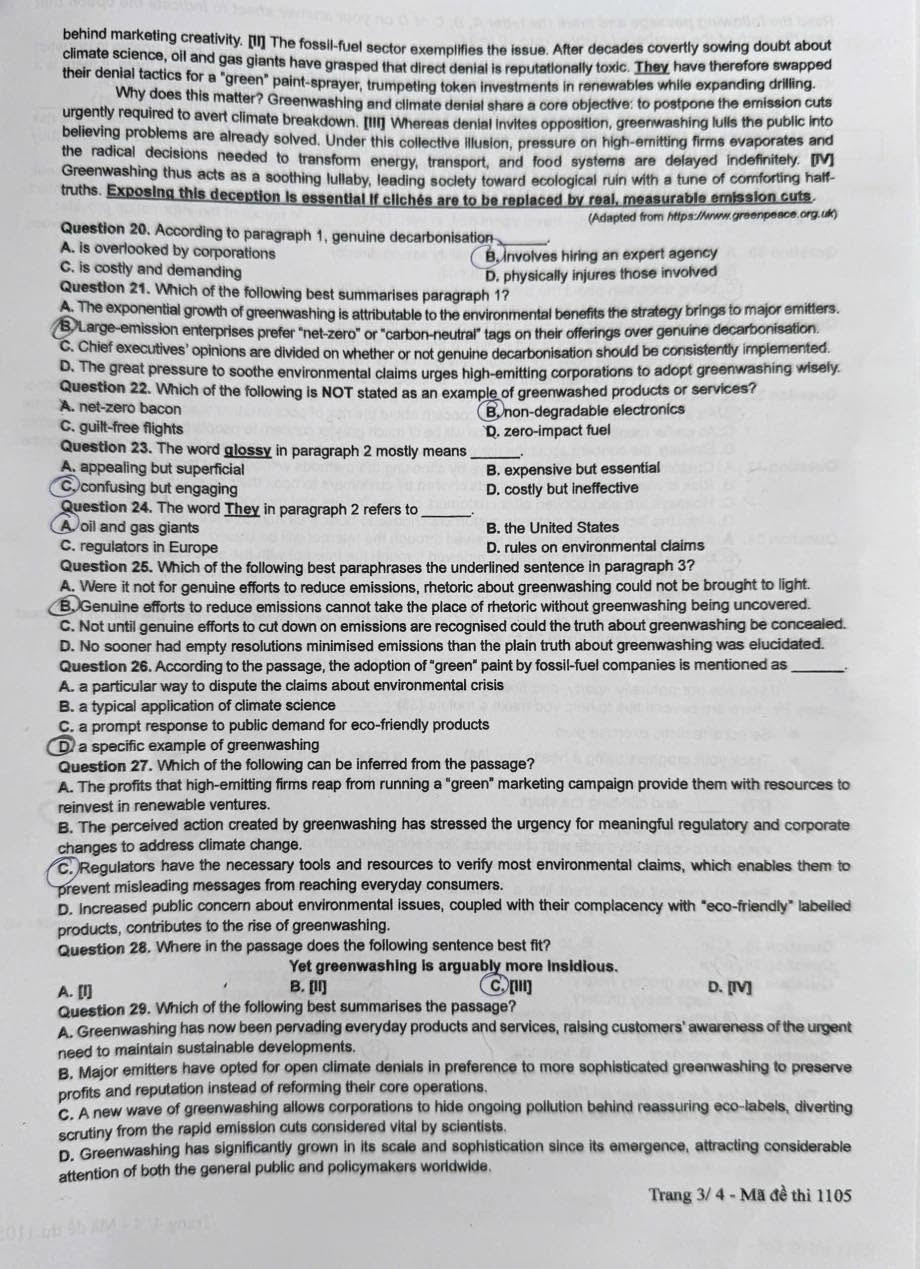 Đề thi môn tiếng Anh - mã đề 1105.