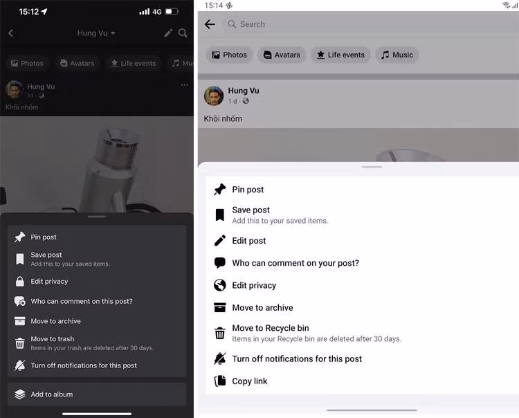 Cùng tài khoản nhưng ứng dụng Facebook trên iPhone (bên trái) không có tính năng chỉnh sửa bài viết như trên máy Android.