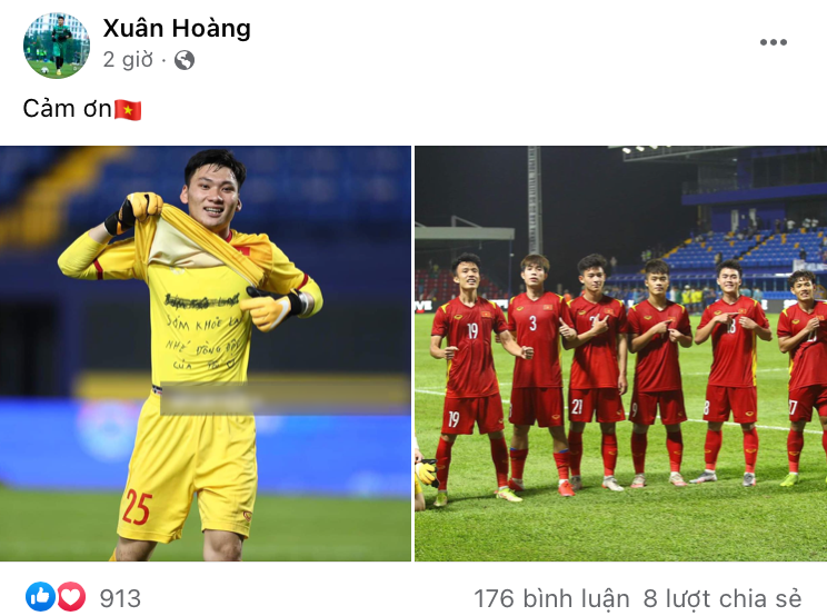 Nam thủ môn đăng bài &quot;Cảm ơn&quot; trên trang cá nhân sau khi kết thúc trận đấu đáng nhớ.