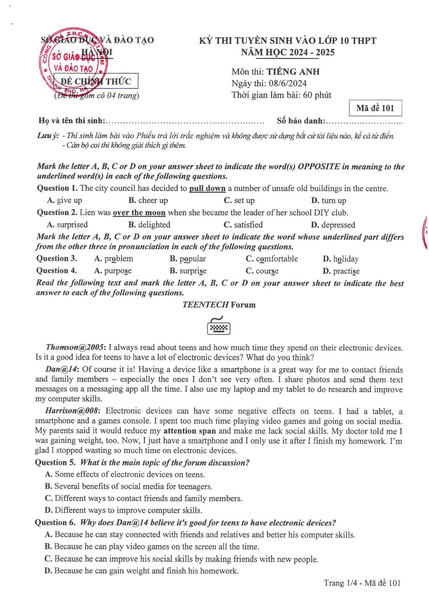 Đề thi môn tiếng Anh mã đề 101.