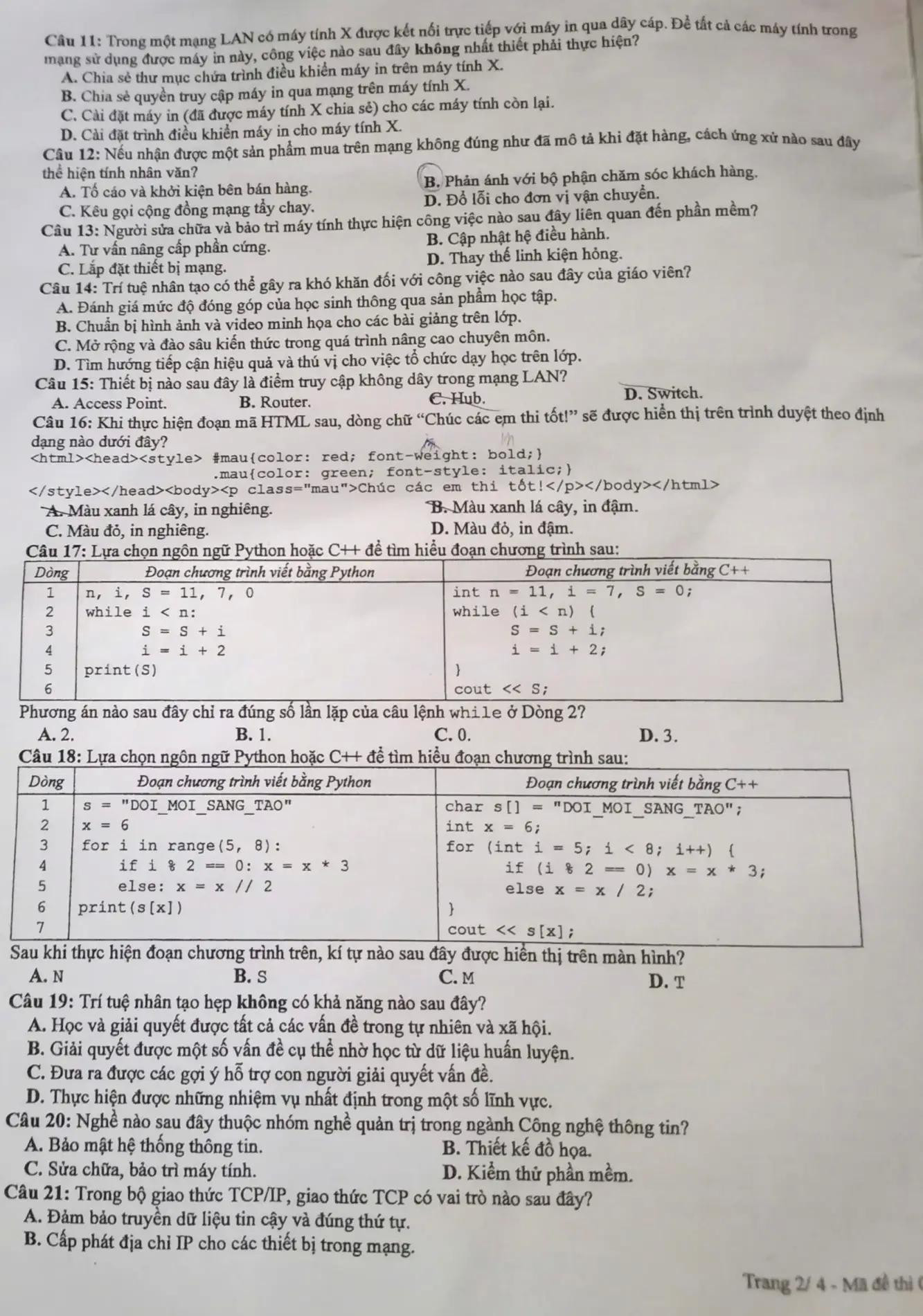 Đề thi tốt nghiệp môn Tin học - mã đề 0526.