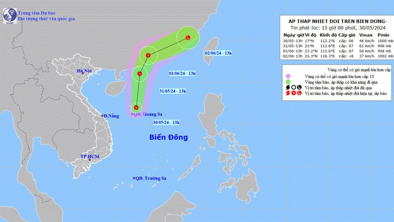 Vị trí và hướng di chuyển của áp thấp nhiệt đới. (Nguồn: nchmf.gov.vn)