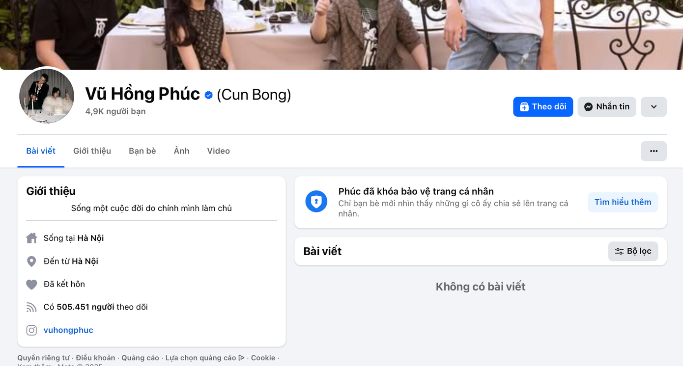 Hiện Vũ Hồng Phúc đã khóa bảo vệ trang cá nhân.