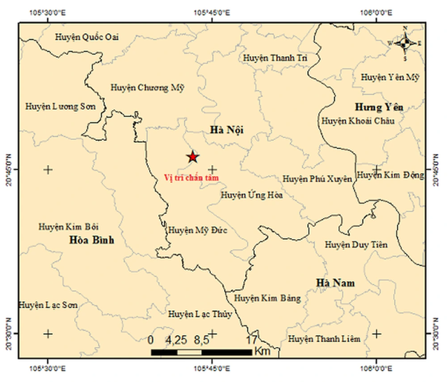 Bản đồ chấn tâm động đất. (Ảnh: Viện Vật lý địa cầu)