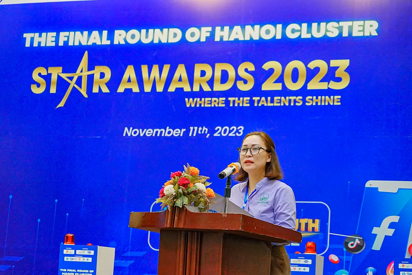 Đồng chí Hứa Thanh Hoa - Bí thư Đoàn Đại học Quốc gia Hà Nội, Trưởng BTC Cuộc thi Phát biểu khai mạc vòng Chung kết cụm Hà Nội.