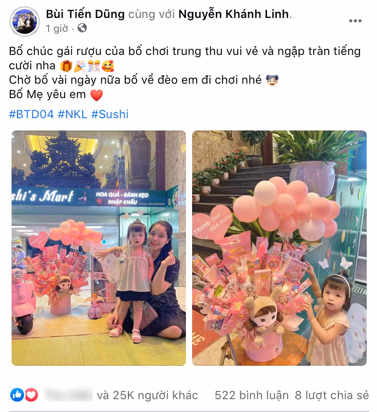 Trung vệ Bùi Tiến Dũng bày tỏ nỗi nhớ con gái bé bỏng Sushi.