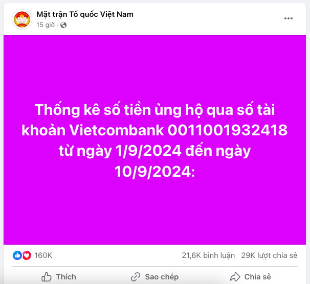 Fanpage chính thức, Ủy ban Mặt trận Tổ quốc Việt Nam công bố thống kê số tiền ủng hộ nhận được sự quan tâm lớn của người dân.