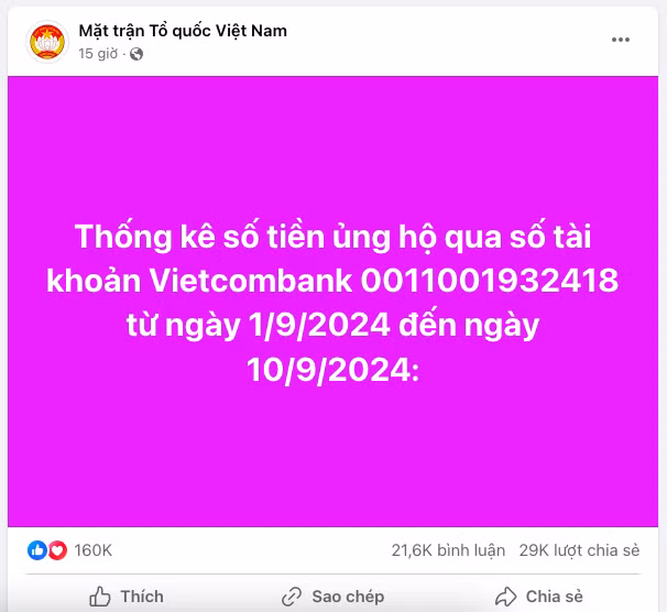 Fanpage chính thức, Ủy ban Mặt trận Tổ quốc Việt Nam công bố thống kê số tiền ủng hộ nhận được sự quan tâm lớn của người dân.