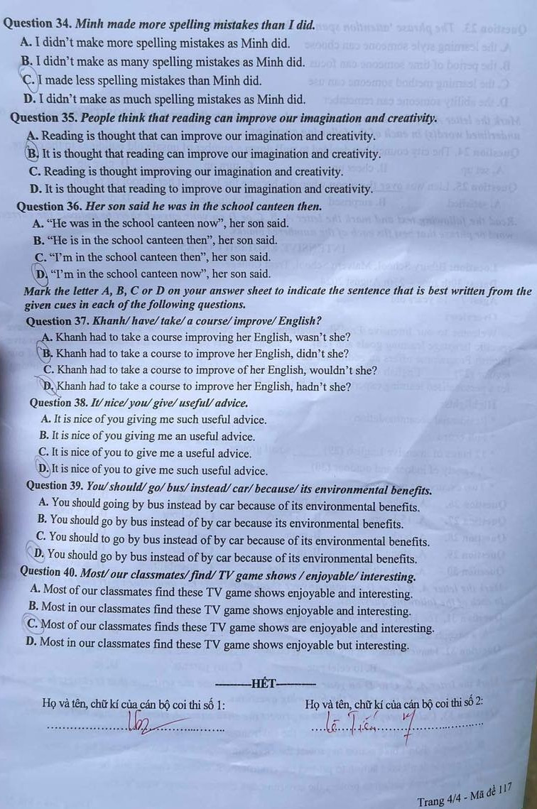 Đề thi tiếng Anh mã đề 117.