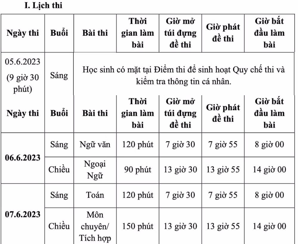 Ngày 6 và 7/6: Diễn ra kỳ thi tuyển sinh vào lớp 10.