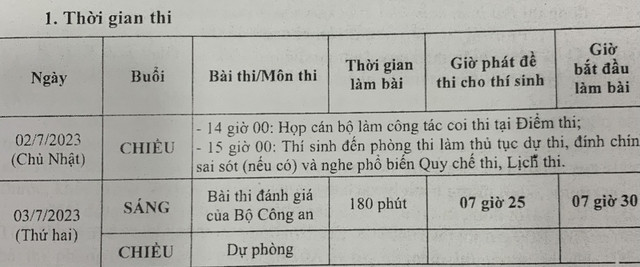 Lịch thi chi tiết kỳ thi đánh giá của Bộ Công an năm 2023. Lịch thi chi tiết kỳ thi đánh giá của Bộ Công an năm 2023.