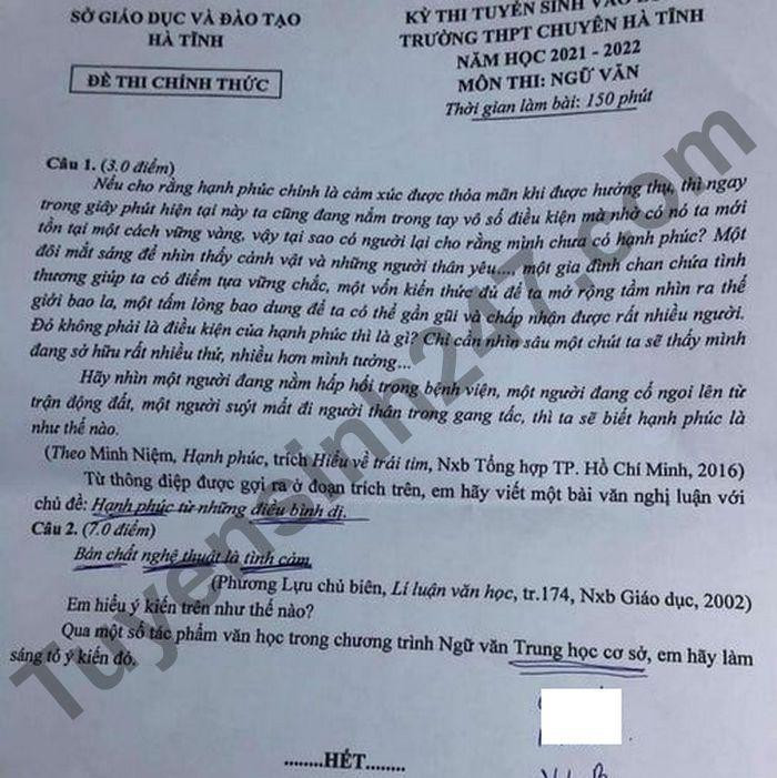 Đề thi môn chuyên Văn lớp 10 tại Hà Tĩnh. (Ảnh: tuyensinh247)