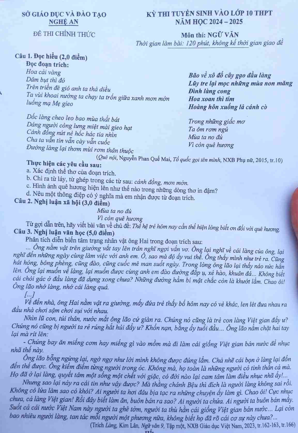 Đề thi vào lớp 10 môn Ngữ văn năm học 2024 - 2025 của tỉnh Nghệ An. Đề thi vào lớp 10 môn Ngữ văn năm học 2024 - 2025 của tỉnh Nghệ An.