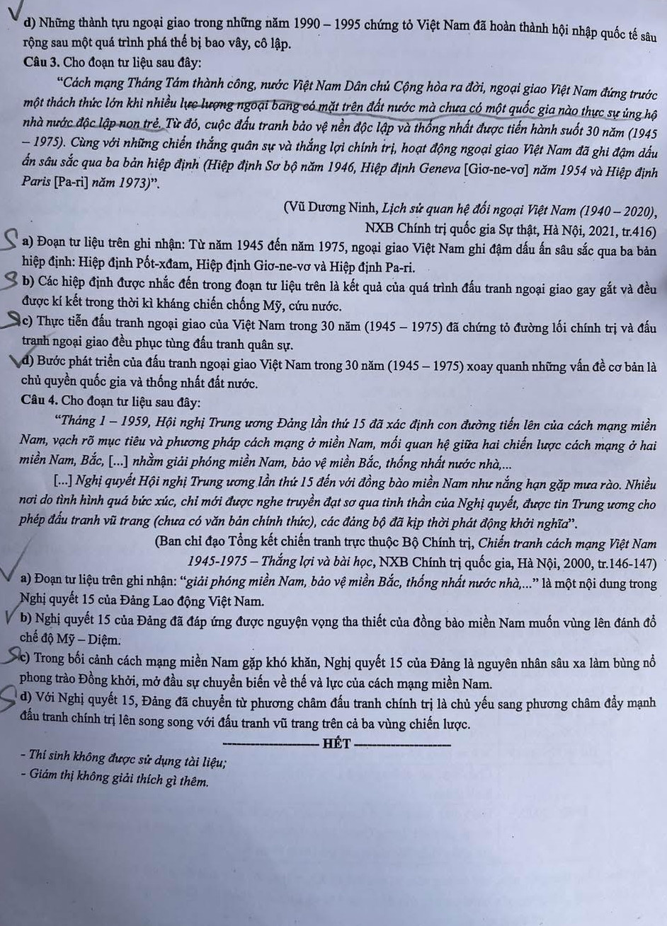 Đề thi môn Lịch sử - mã đề 834.