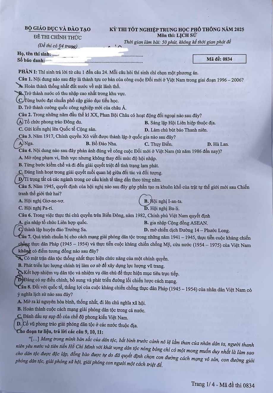 Đề thi môn Lịch sử - mã đề 834.