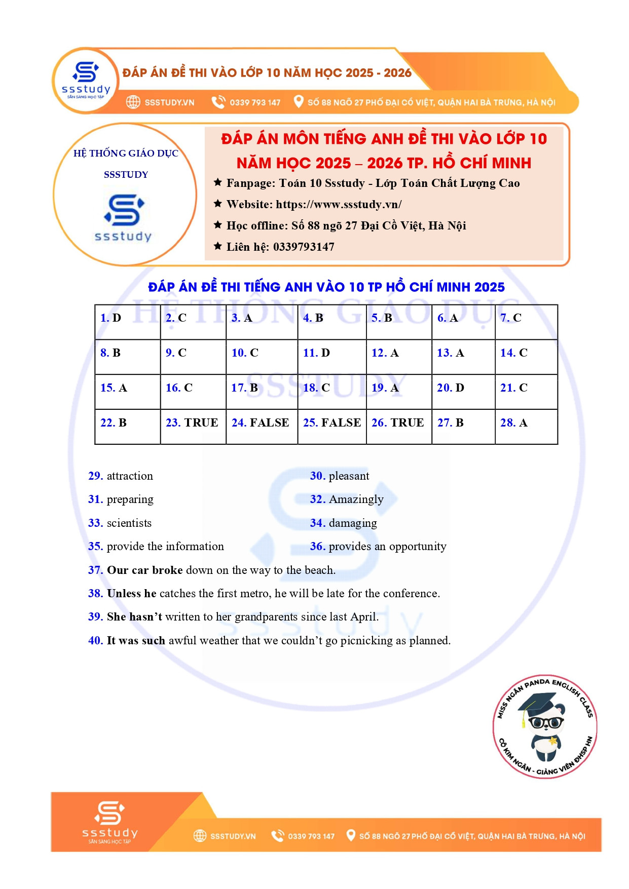 Đáp án tham khảo môn tiếng Anh do Hệ thống giáo dục SSStudy và Panda English Class thực hiện.