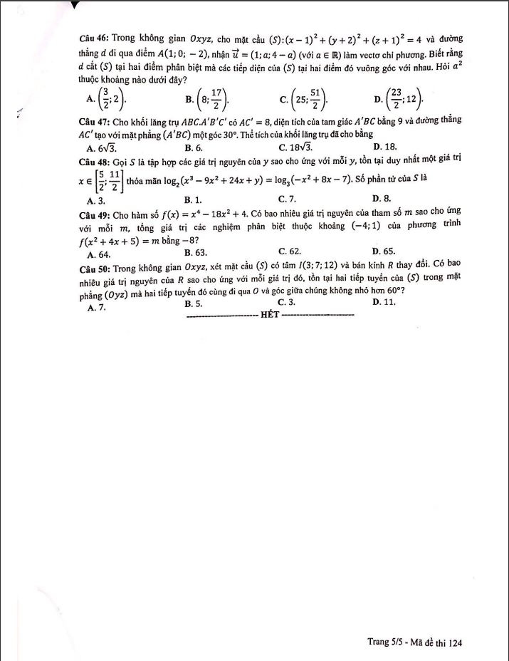 Đề thi môn Toán mã đề 124 kỳ thi tốt nghiệp THPT năm 2023.