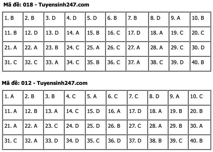 Đáp án tham khảo môn tiếng Anh.