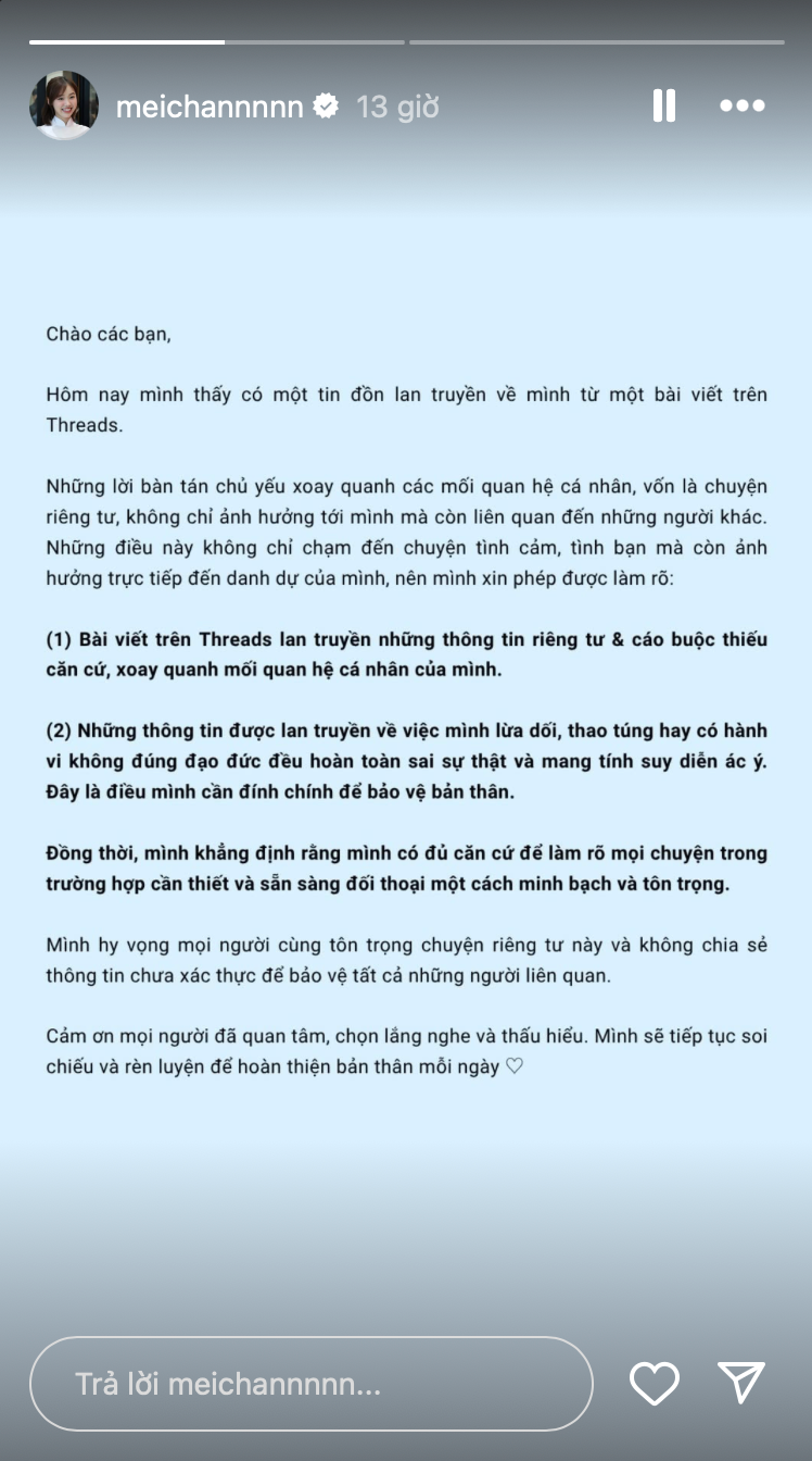 Tối 3/6, Meichan lên tiếng về những tin đồn tiêu cực trên MXH, tuy nhiên không đề cập trực tiếp đến tình trạng mối quan hệ của bộ ba cũng như không nhắc đến tên 2 người bạn còn lại.