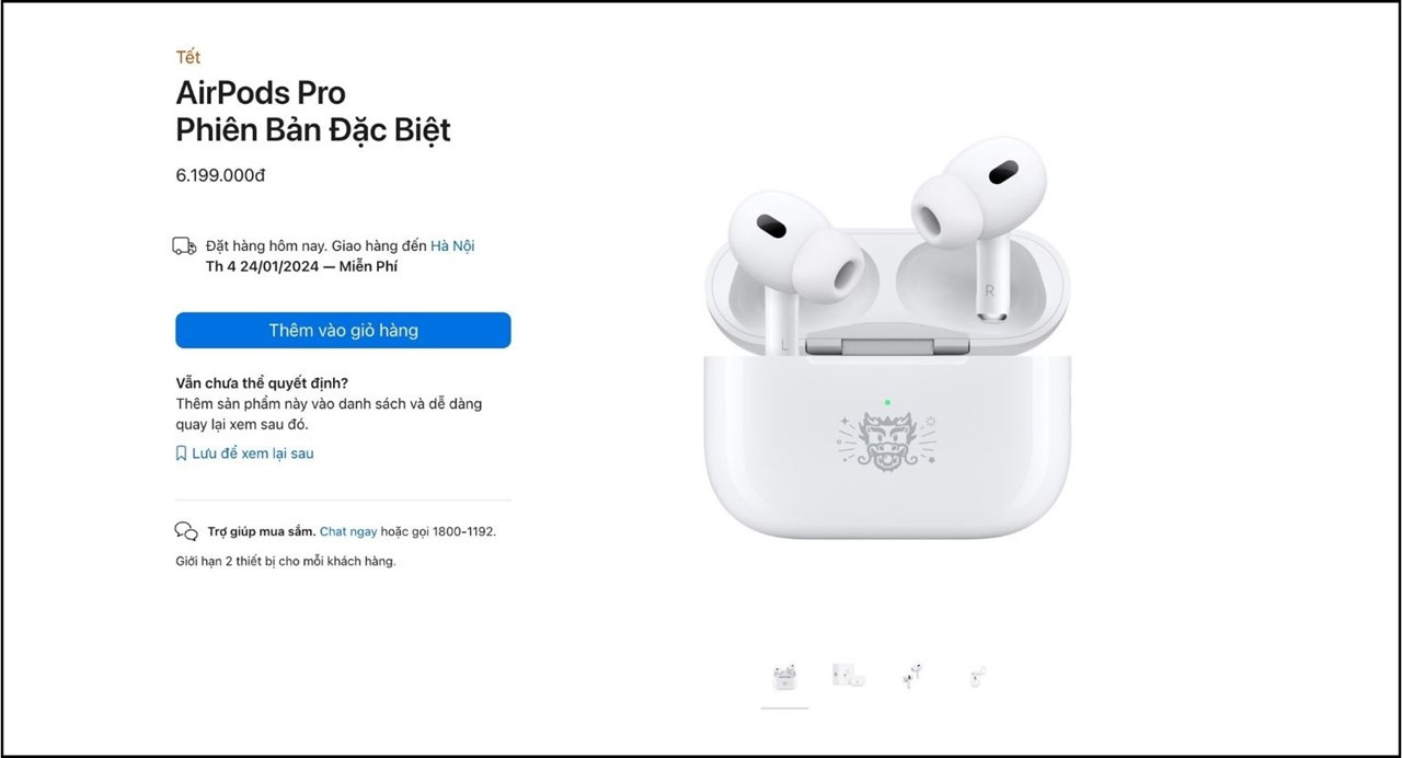 Điểm đáng chú ý của AirPods Pro phiên bản đặc biệt lần này là biểu tượng đầu rồng được khắc ở mặt trước hộp sạc. Điểm đáng chú ý của AirPods Pro phiên bản đặc biệt lần này là biểu tượng đầu rồng được khắc ở mặt trước hộp sạc.