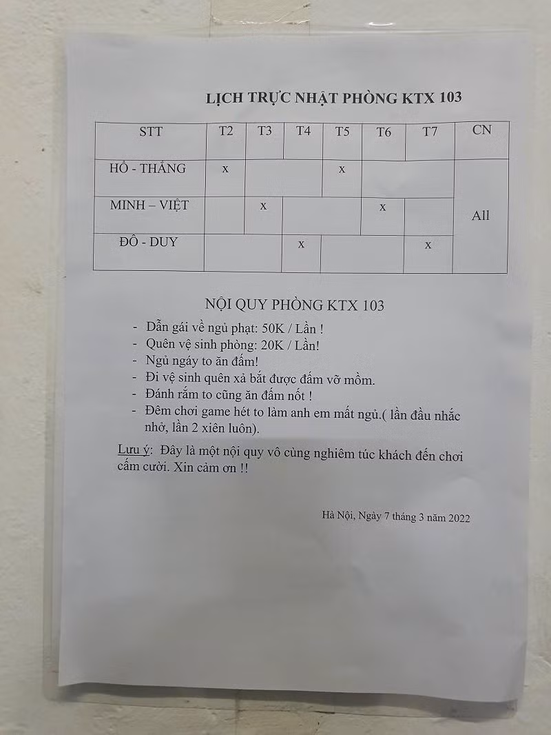 Bản nội quy phòng ký túc xá khiến dân mạng không thể nhịn cười.
