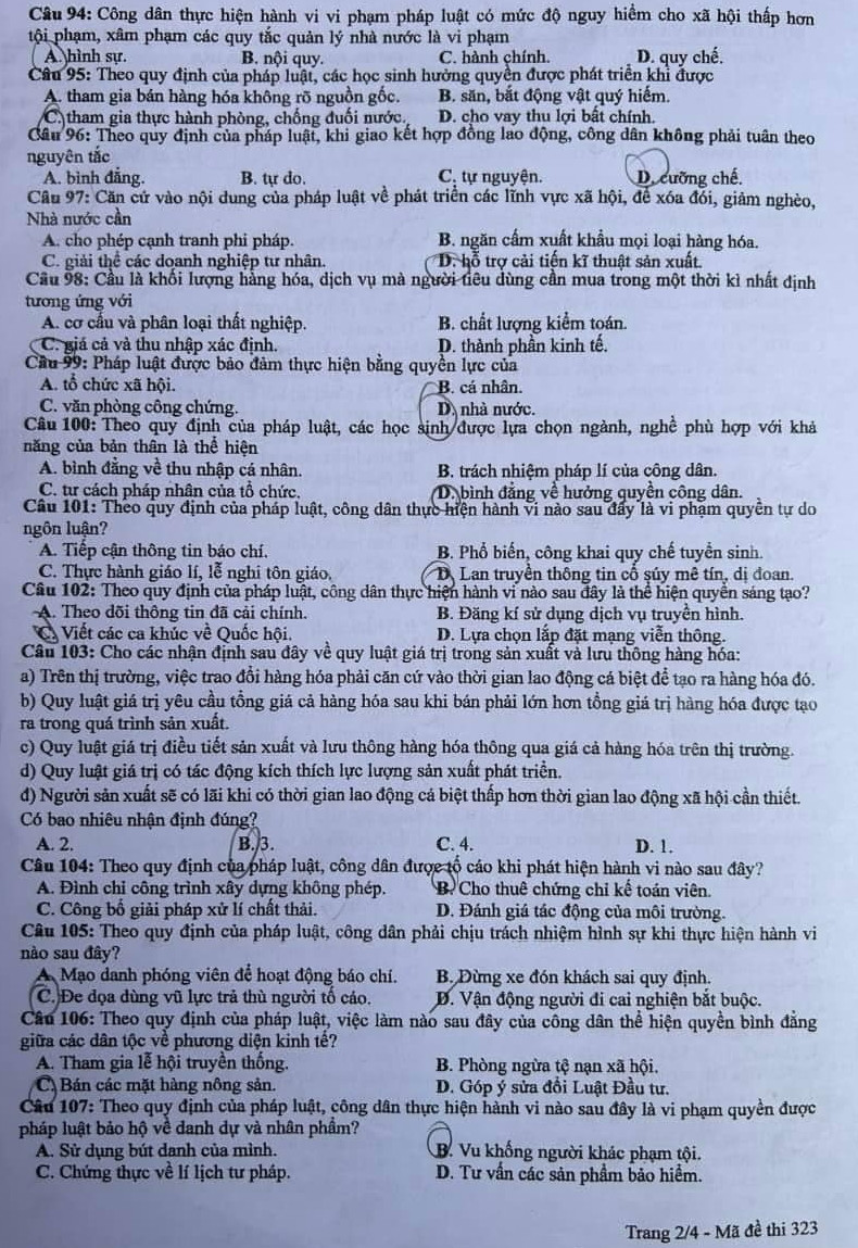 Đề thi môn Giáo dục công dân mã đề 323 kỳ thi tốt nghiệp THPT Quốc gia năm 2024. Đề thi môn Giáo dục công dân mã đề 323 kỳ thi tốt nghiệp THPT Quốc gia năm 2024.