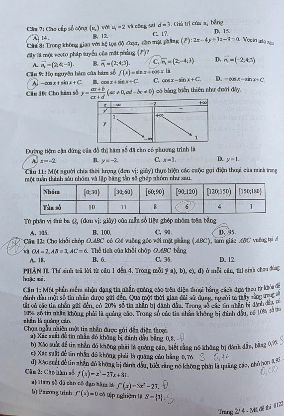 Đề thi môn Toán kỳ thi tốt nghiệp THPT 2025 - mã đề 0122.