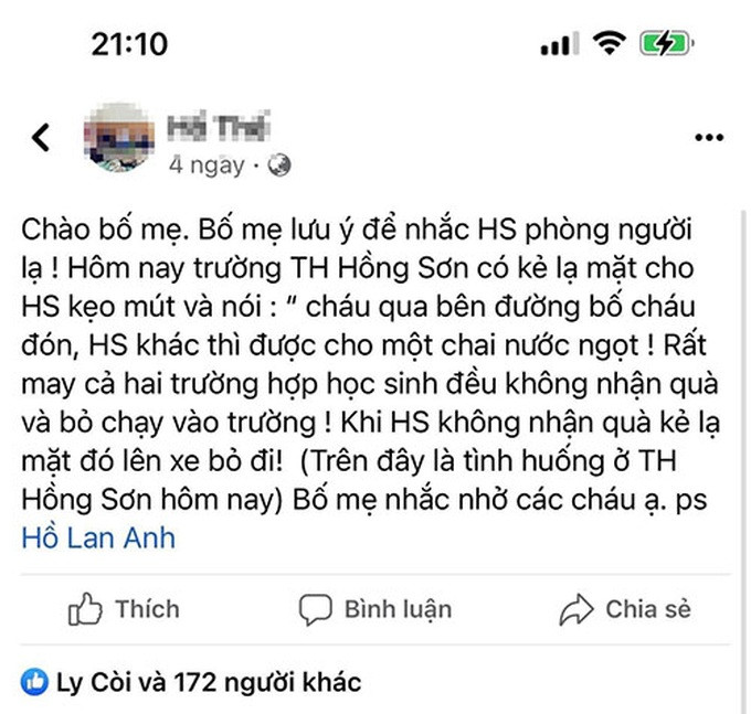Một dòng trạng thái của một phụ huynh chia sẻ trên mạng xã hội.